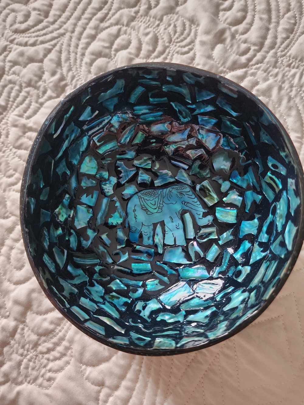 Elephant Coconut Mother Of Pearl Shell Trinket/Candy Dish Turquoise Blue Mosaic